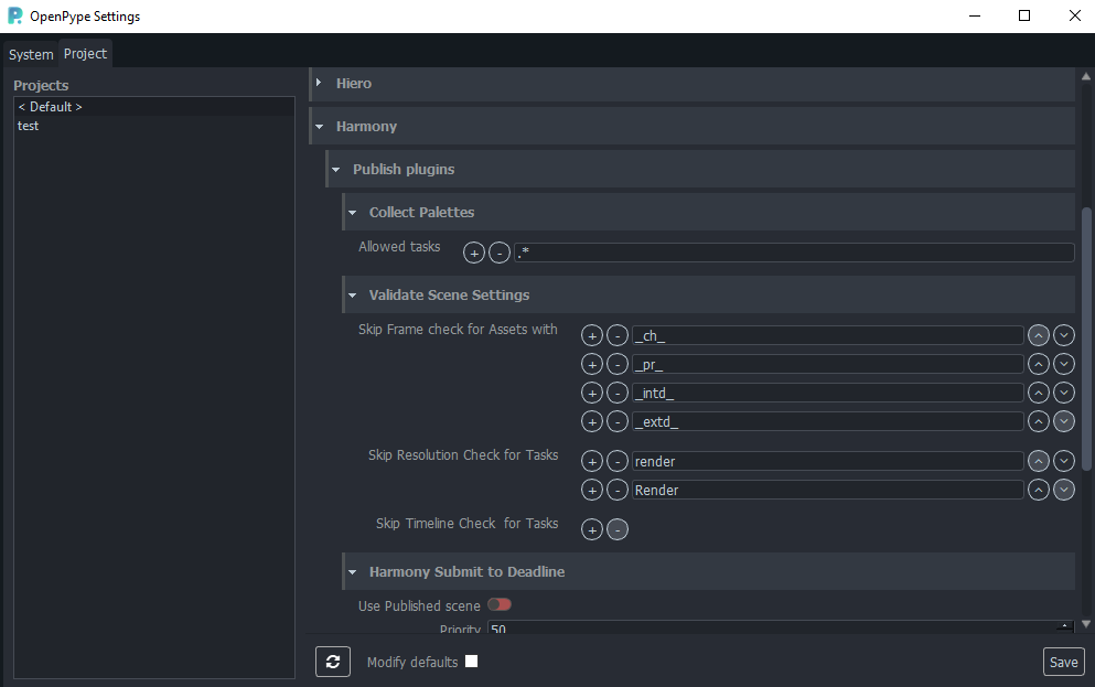 Harmony Project Settings